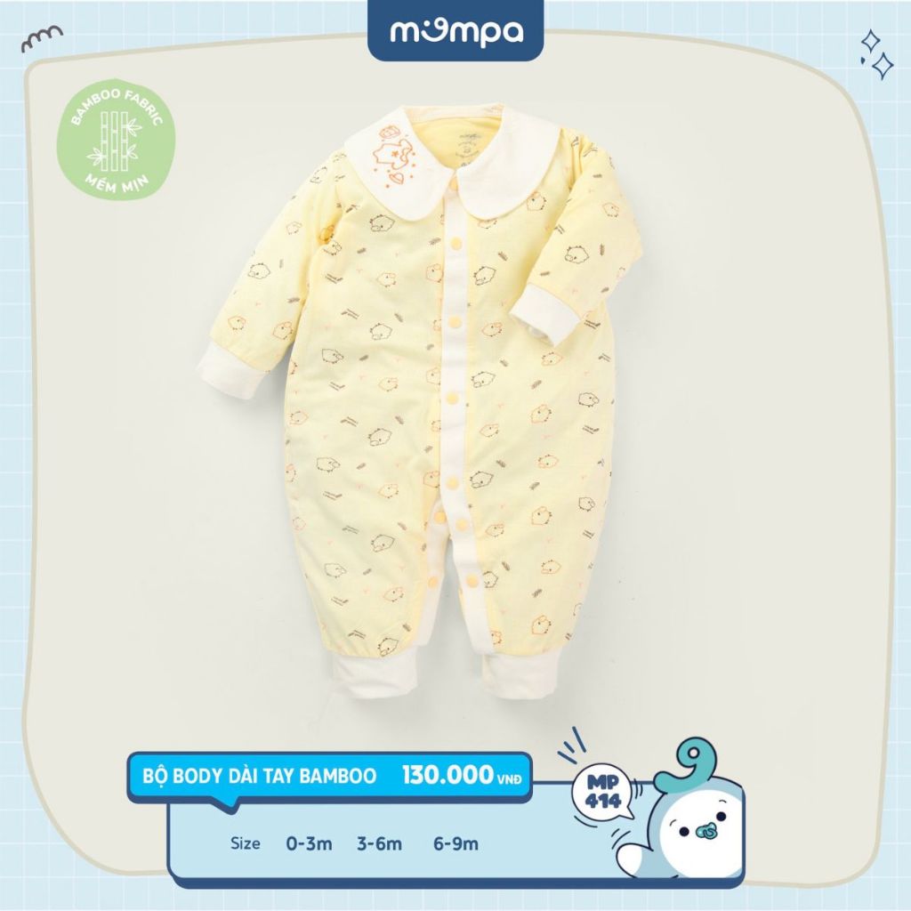 Bodysuit sơ sinh cho bé Mompa 0-9 tháng dài tay cúc giữa vải sợi tre bamboo mềm mại co giãn MP 414