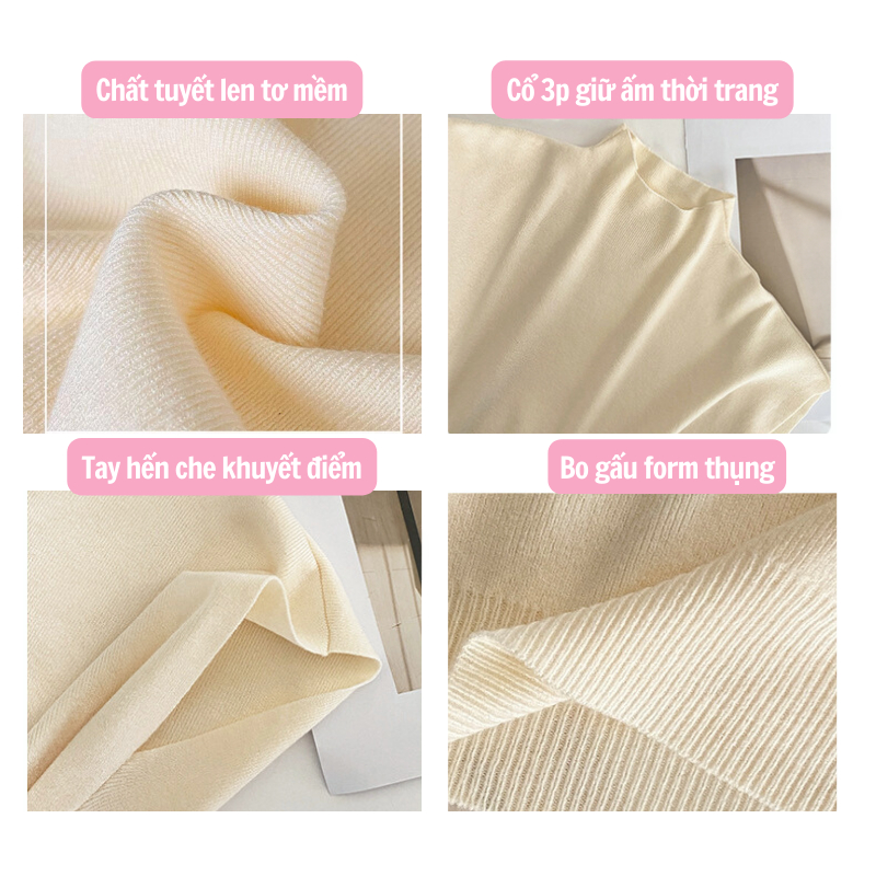 Áo len nữ tay hến dáng rộng ngắn tay cổ lọ 3 phân mềm mịn bo chun eo phong cách Hàn Quốc AL10