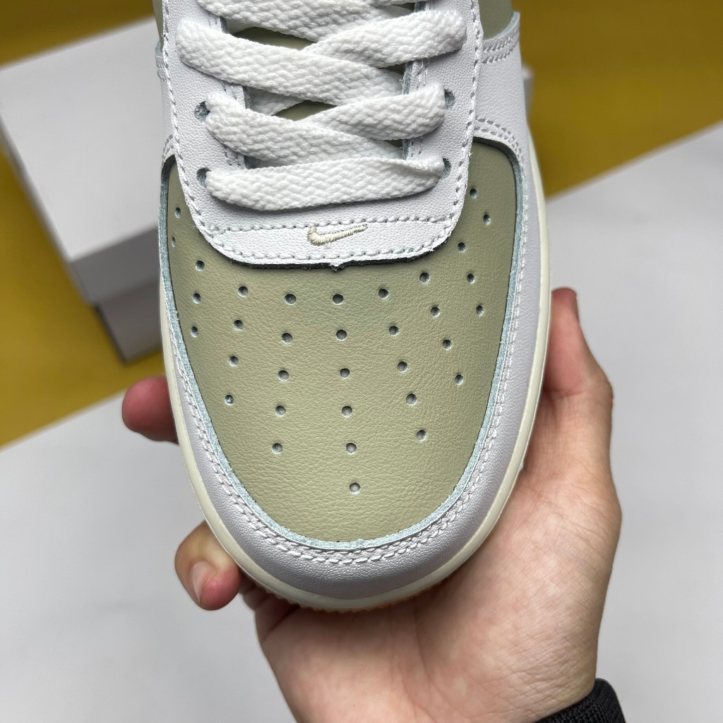 Giày AF1 Low 07 White Sail Light Silver Gum, AF1 Trắng Xanh Rêu Đế Nâu - Than.Shoes
