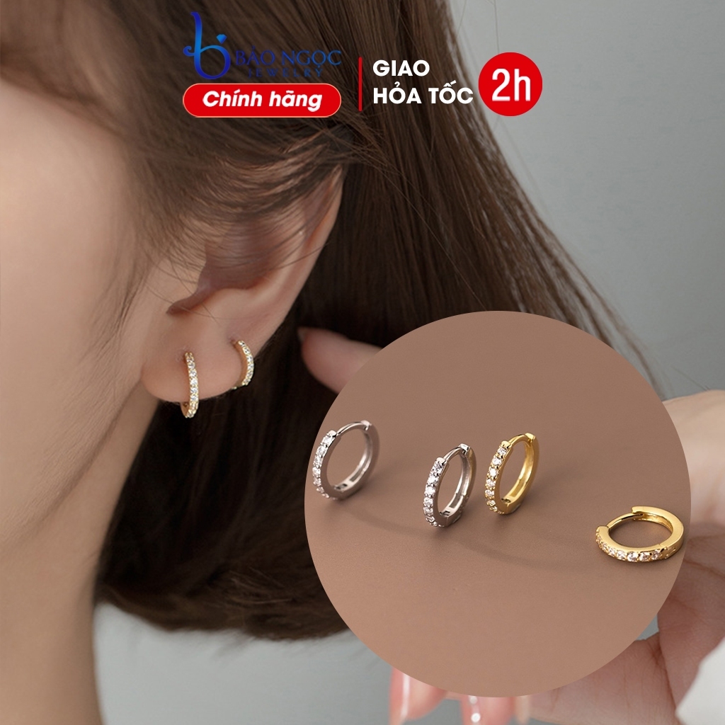 Bông tai bạc nữ 925 khuyên tròn nạm 2 hàng đá sang trọng phong cách nhẹ nhàng nữ tính - B2942 - Bảo Ngọc Jewelry