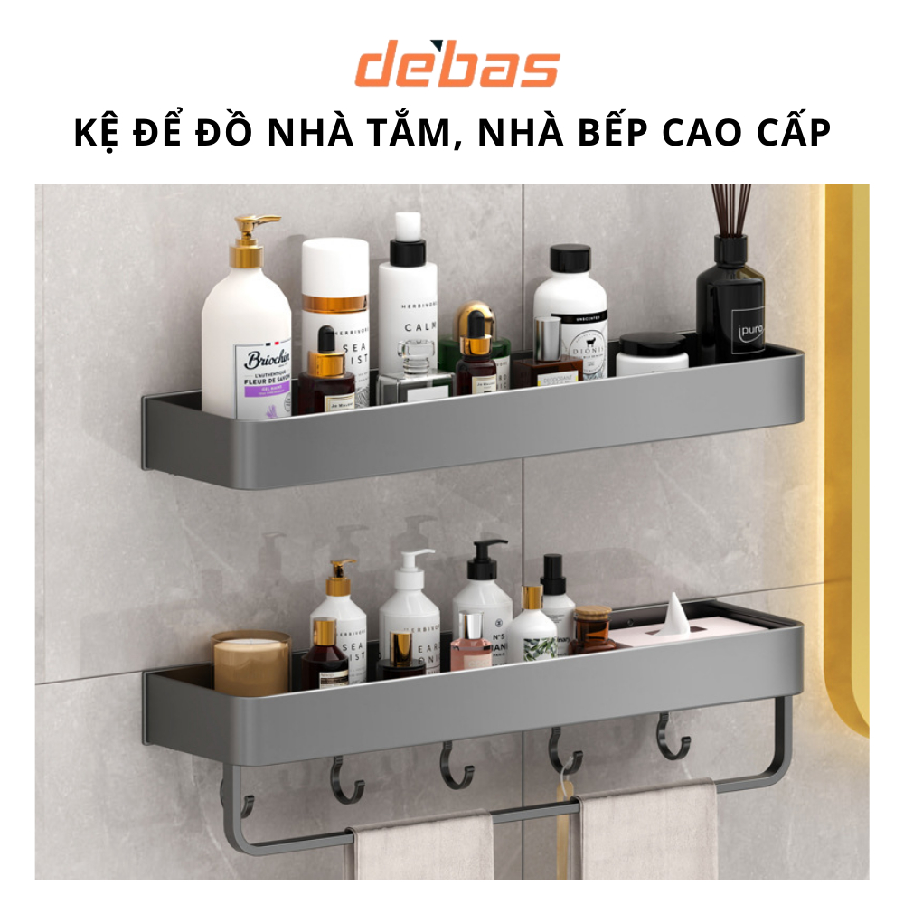 Kệ để đồ nhà tắm, nhà bếp dán tường không cần khoan chất liệu nhôm không gỉ để đồ tiện lợi đa năng DEBAS