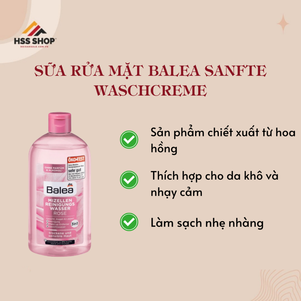 Nước Tẩy Trang Balea Rose Mizellen Reinigungs Wasser 3in1 400ML - Hàng ĐỨC