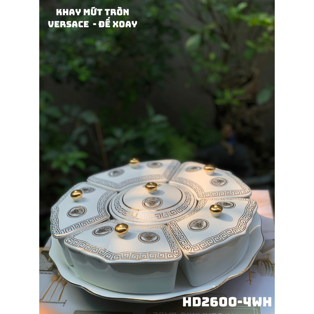 Bộ Khay Sứ Đựng Bánh Mứt Kẹo Cao Cấp Versace - Mã HD2600-4WH.Khay mứt tròn versace -đế xoay thích Hợp Dùng Trong Ngày Lễ
