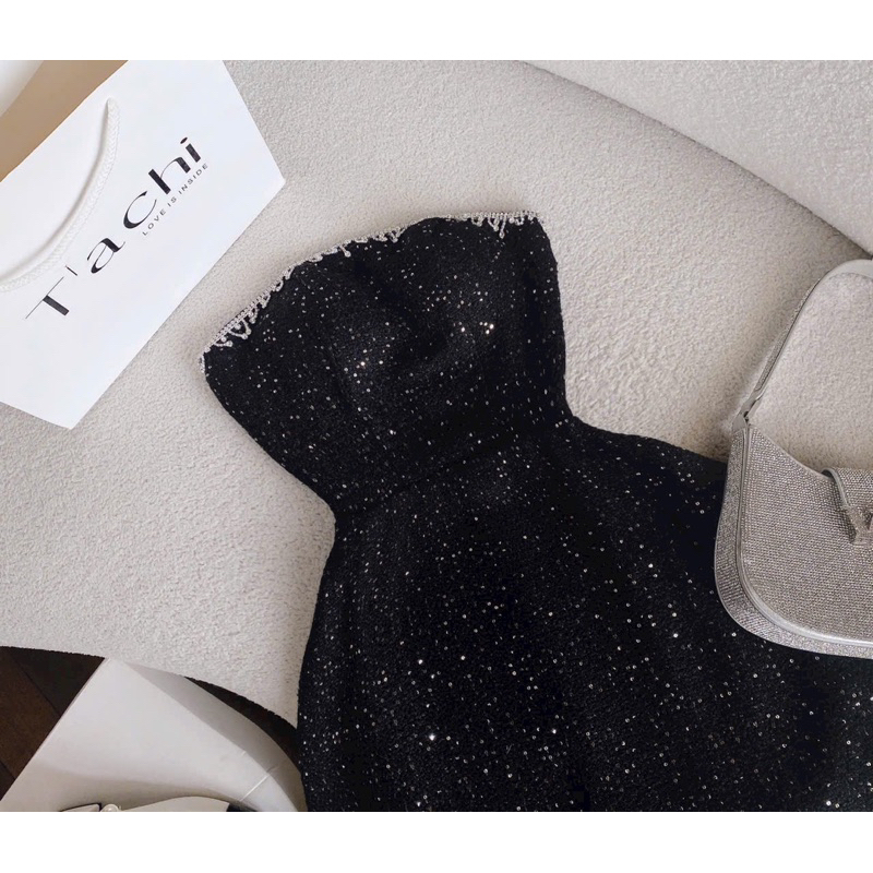 Đầm cúp ngực chất dạ tweed kim sa đính đá sang chảnh