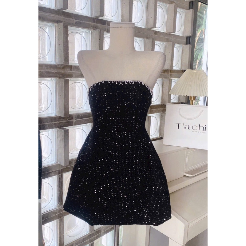 Đầm cúp ngực chất dạ tweed kim sa đính đá sang chảnh