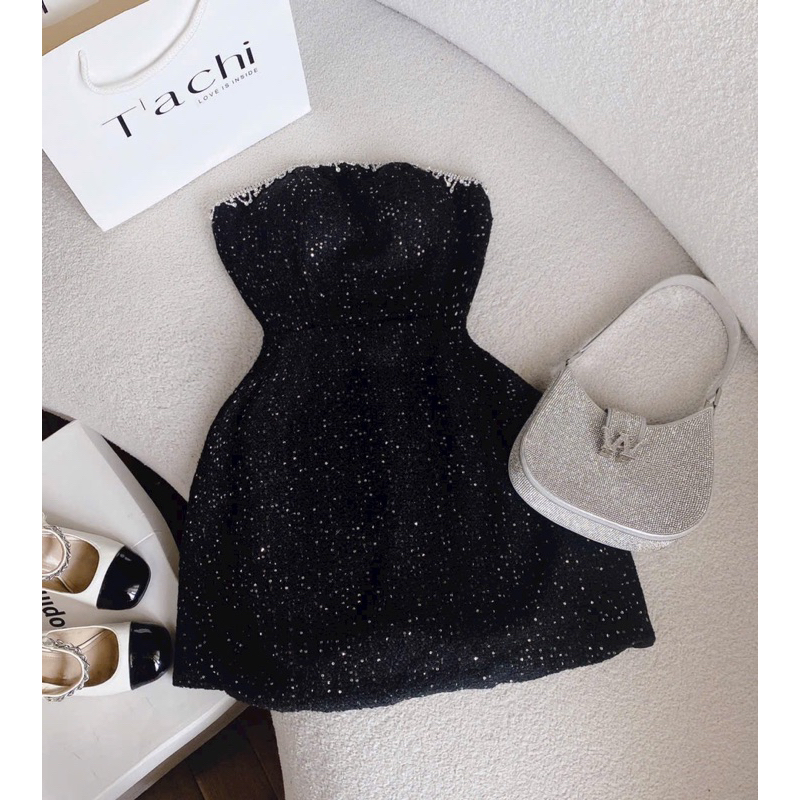 Đầm cúp ngực chất dạ tweed kim sa đính đá sang chảnh