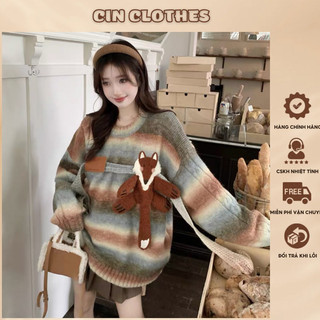 Áo len noel nữ , áo len nữ loang sọc ngang đính gấu bông hình con cáo siêu xinh