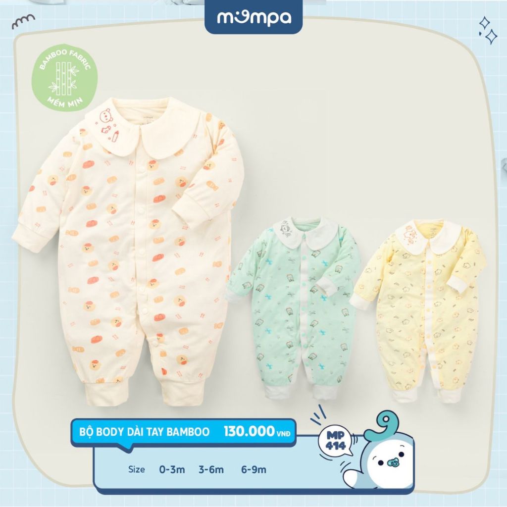 Bodysuit sơ sinh cho bé Mompa 0-9 tháng dài tay cúc giữa vải sợi tre bamboo mềm mại co giãn MP 414