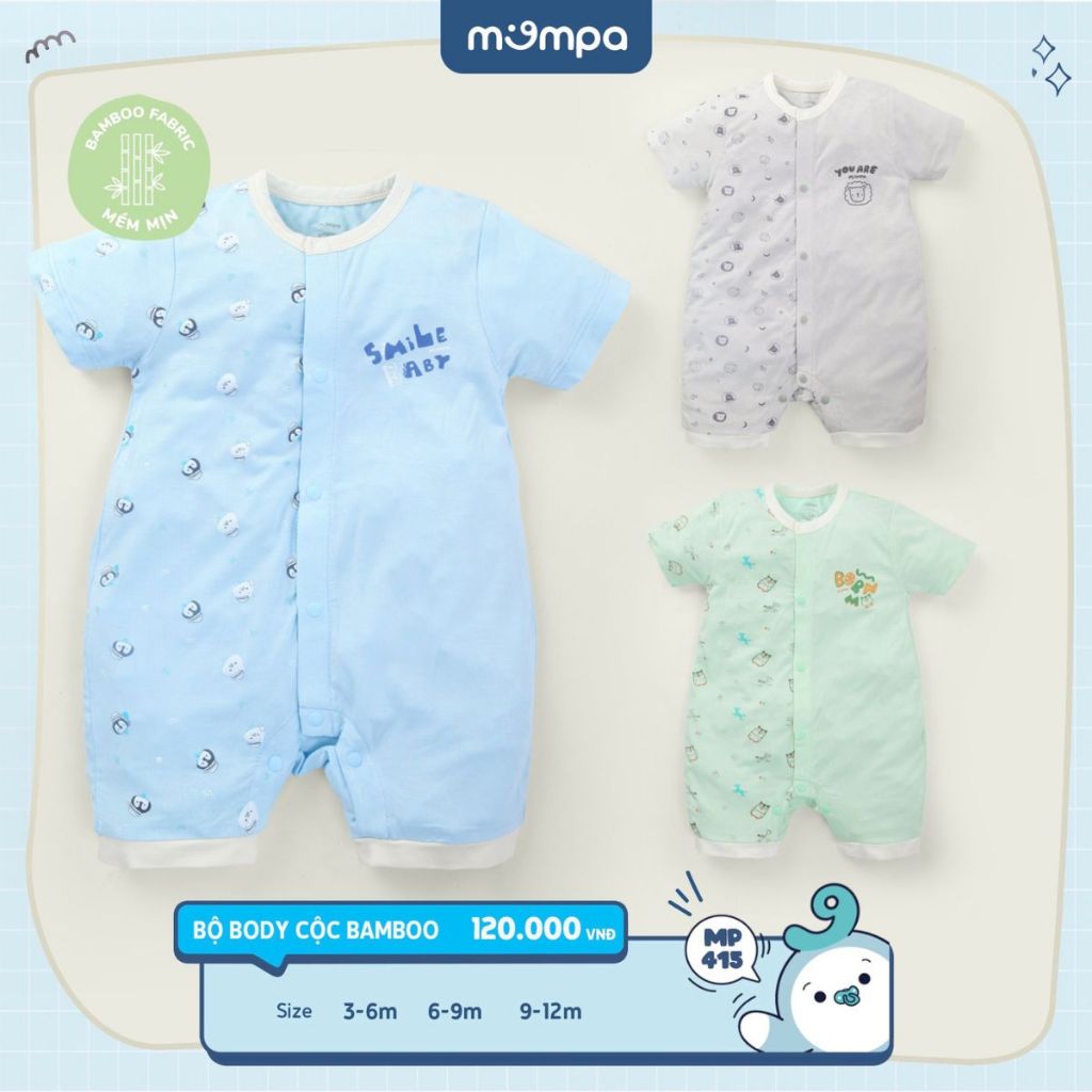 Bodysuit sơ sinh cho bé Mompa 3-12 tháng cộc tay cúc giữa vải sợi tre bamboo mềm mịn co giãn MP 415
