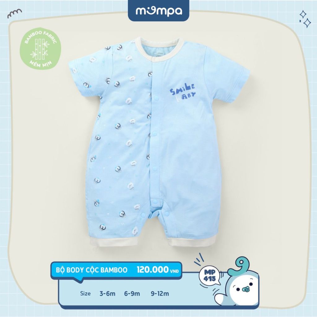 Bodysuit sơ sinh cho bé Mompa 3-12 tháng cộc tay cúc giữa vải sợi tre bamboo mềm mịn co giãn MP 415