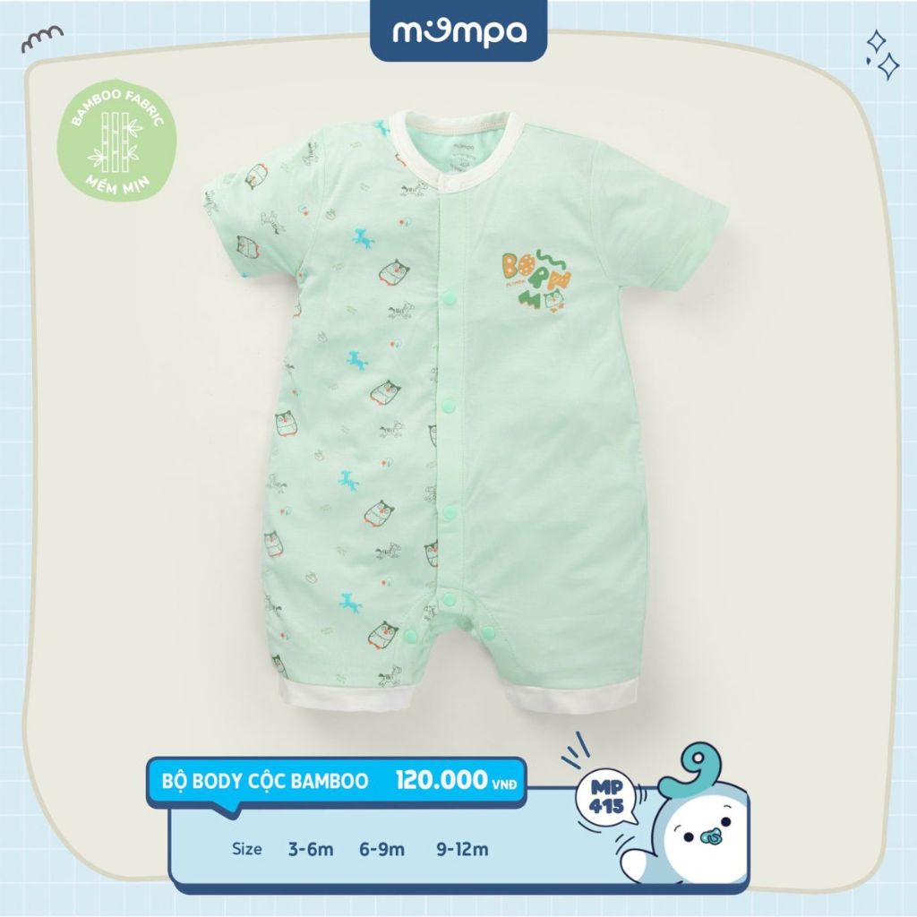 Bodysuit sơ sinh cho bé Mompa 3-12 tháng cộc tay cúc giữa vải sợi tre bamboo mềm mịn co giãn MP 415