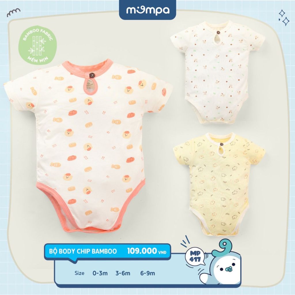 Body chip cho bé sơ sinh Mompa từ 0 đến 9 tháng vải Sợi tre Bamboo mềm mịn co giãn cúc bấm MP 417