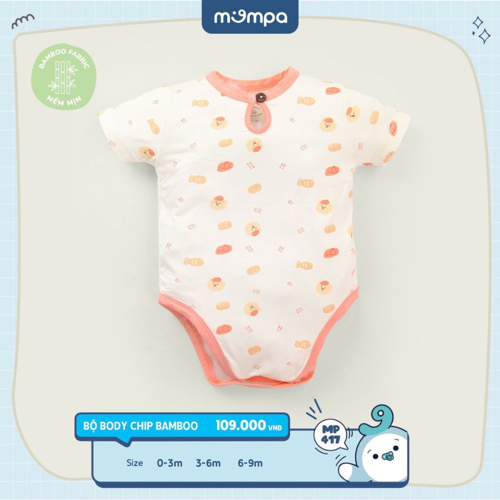 Body chip cho bé sơ sinh Mompa từ 0 đến 9 tháng vải Sợi tre Bamboo mềm mịn co giãn cúc bấm MP 417
