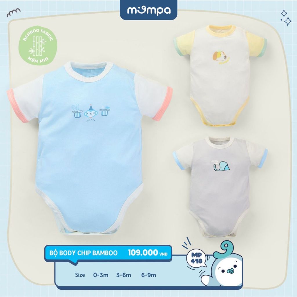 Body chip cho bé sơ sinh Mompa từ 0 đến 9 tháng vải Sợi tre Bamboo mềm mịn co giãn cúc bấm MP 418