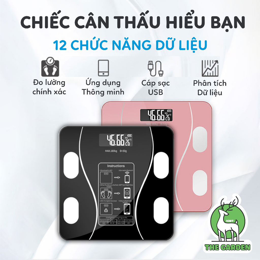 Cân Điện Tử, Cân Sức Khoẻ THE GARDEN Sạc USB Kết Nối Bluetooth Phân Tích Chỉ Số Cơ Thể C2