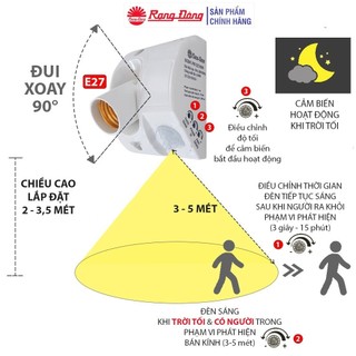 Đui đèn cảm biến Rạng Đông ĐCB01.PIR E27/300W - Chuôi bóng cảm biến chuyển động chính hãng Rạng Đông