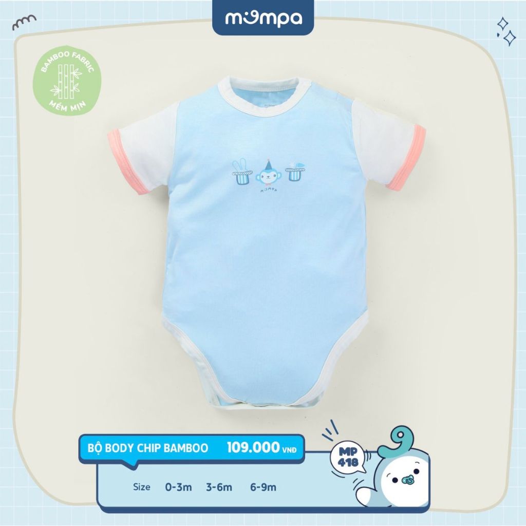 Body chip cho bé sơ sinh Mompa từ 0 đến 9 tháng vải Sợi tre Bamboo mềm mịn co giãn cúc bấm MP 418