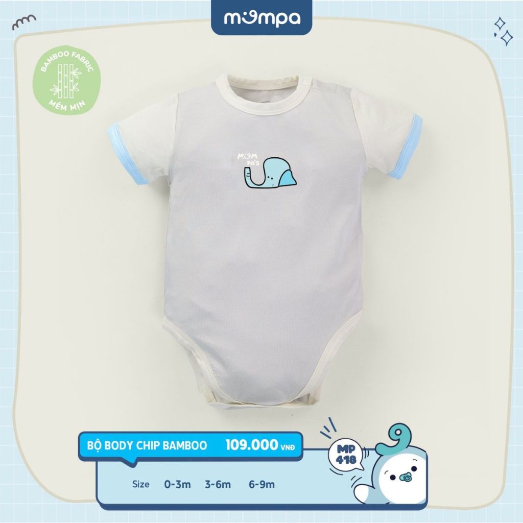 Body chip cho bé sơ sinh Mompa từ 0 đến 9 tháng vải Sợi tre Bamboo mềm mịn co giãn cúc bấm MP 418