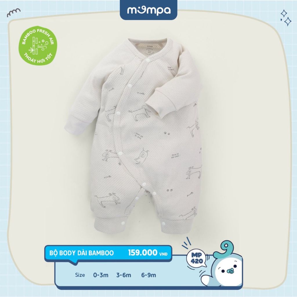 Bodysuit sơ sinh cho bé Mompa 0-9 tháng dài tay cúc chéo vải sợi tre bamboo mềm mại thoát hơi tốt MP 420