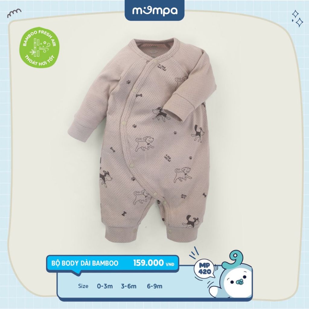 Bodysuit sơ sinh cho bé Mompa 0-9 tháng dài tay cúc chéo vải sợi tre bamboo mềm mại thoát hơi tốt MP 420
