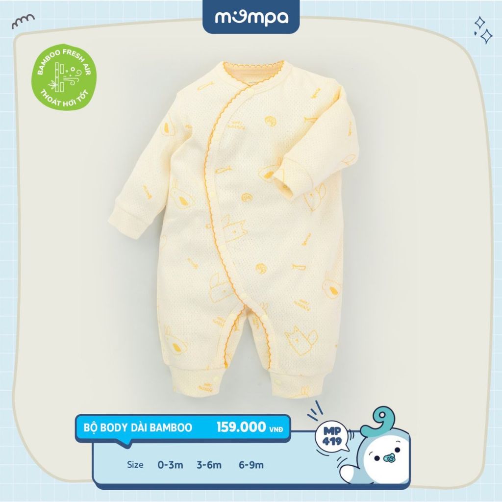 Bodysuit cho bé sơ sinh Mompa từ 0 đến 9 tháng dài tay cài chéo vải Sợi tre Bamboo mềm mại thoát hơi tốt MP 419