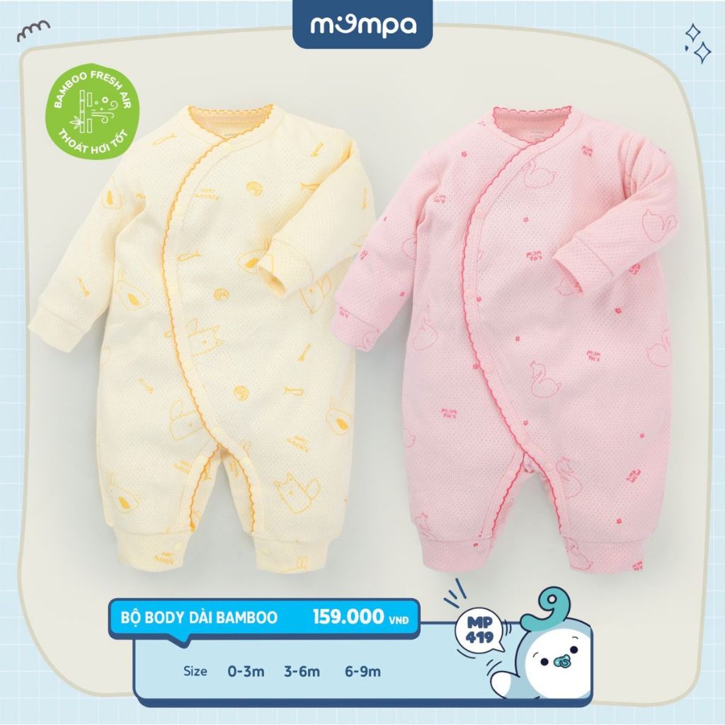 Bodysuit cho bé sơ sinh Mompa từ 0 đến 9 tháng dài tay cài chéo vải Sợi tre Bamboo mềm mại thoát hơi tốt MP 419