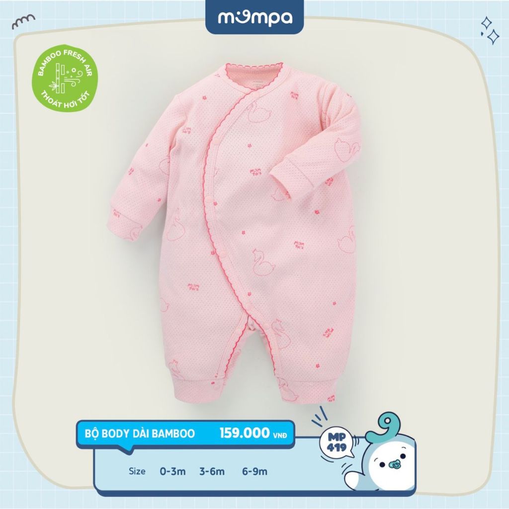 Bodysuit cho bé sơ sinh Mompa từ 0 đến 9 tháng dài tay cài chéo vải Sợi tre Bamboo mềm mại thoát hơi tốt MP 419