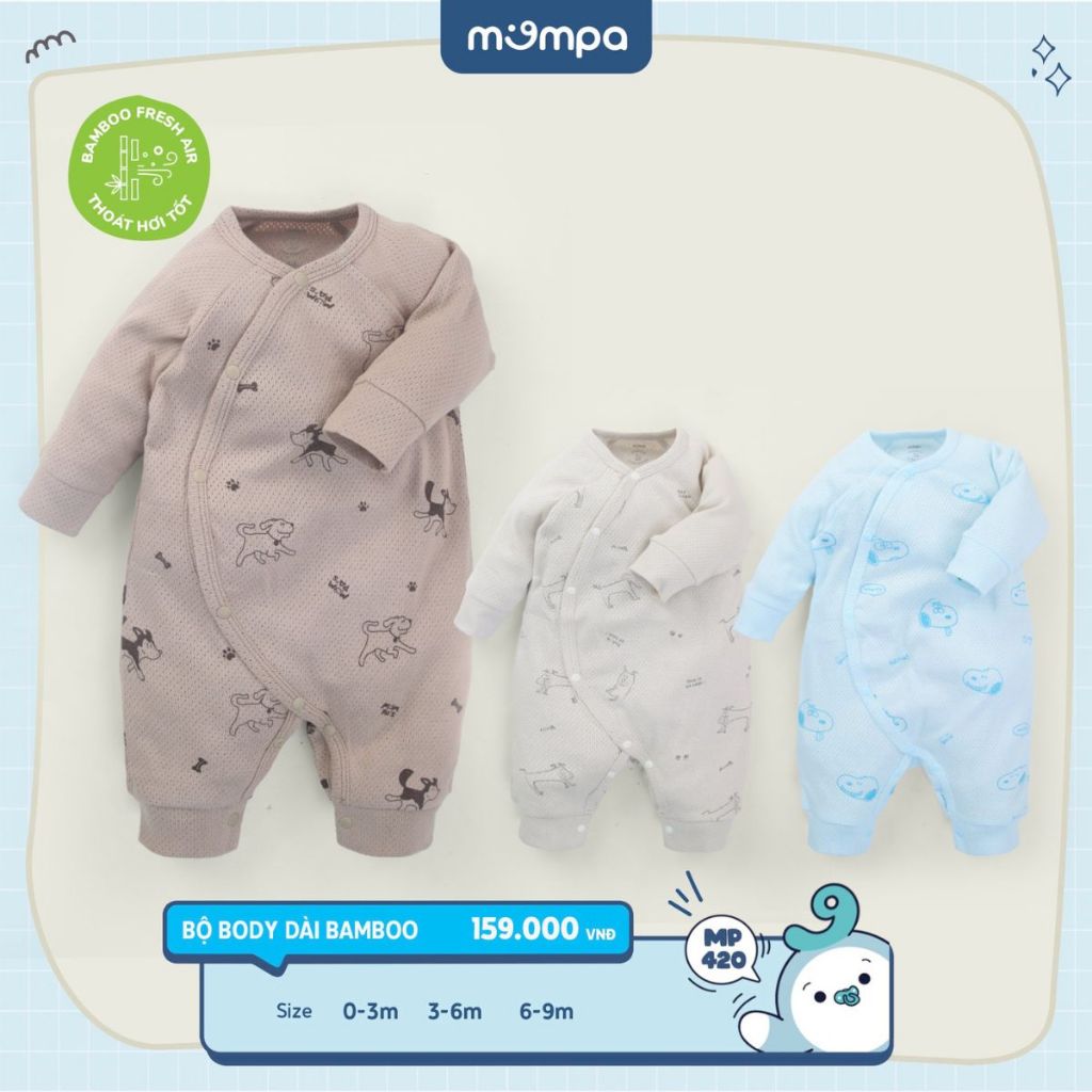 Bodysuit sơ sinh cho bé Mompa 0-9 tháng dài tay cúc chéo vải sợi tre bamboo mềm mại thoát hơi tốt MP 420