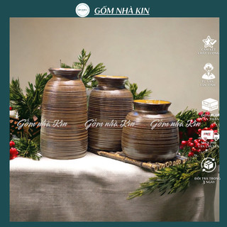Bộ 3 lọ hoa decor vân ganh men mộc gốm sứ Bát Tràng dáng cổ tròn vai vuông-gốm kin