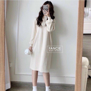 váy len suông nữ dài tay bo tay,đầm suông nữ len gân dáng dài thu đông