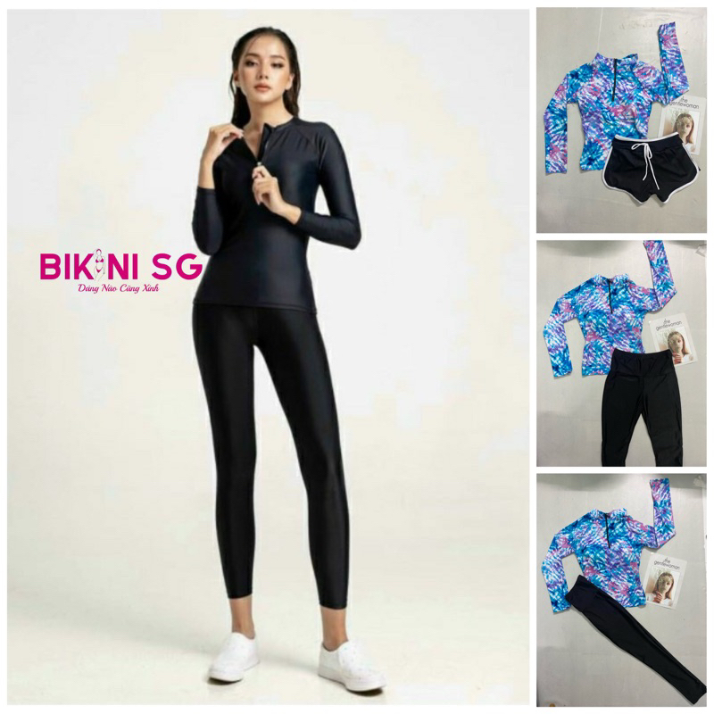 Đồ bơi nữ kín đáo có dây kéo nhỏ, áo tắm sinh viên tay dài phối quần đùi, lửng, dài giữ nhiệt phù hợp học bơi Bikini SG
