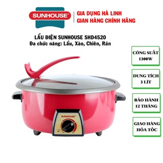 Lẩu điện Sunhouse SHD4520, Công suất 1300W, Dung tích 3 Lít, Lòng nồi phủ chống dính siêu bền, Bảo hành 12 tháng