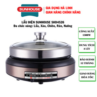 Lẩu điện sunhouse shd4526, công suất 1300w, dung tích 4 lít, có khay nướng, vung kính cường lực, bh 12 tháng