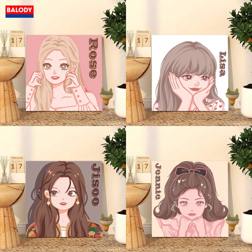 Tranh Sơn dầu Số hóa Blackpink Lisa, Rose,Jisoo, Jennie 20x20cm BALODY có khung,màu,cọ,móc treo tường Không có đá