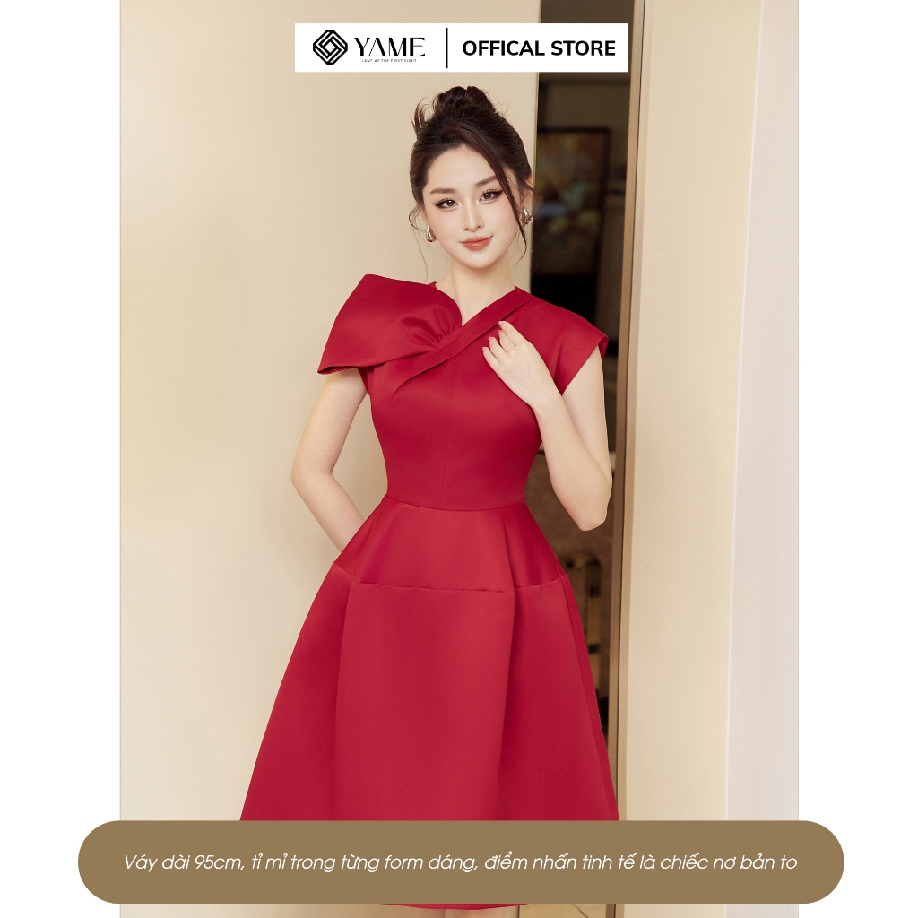 Váy đầm thiết kế đi tiệc YAME YV265 dáng A màu đỏ cổ cách điệu thanh lịch - sang trọng dài 95cm