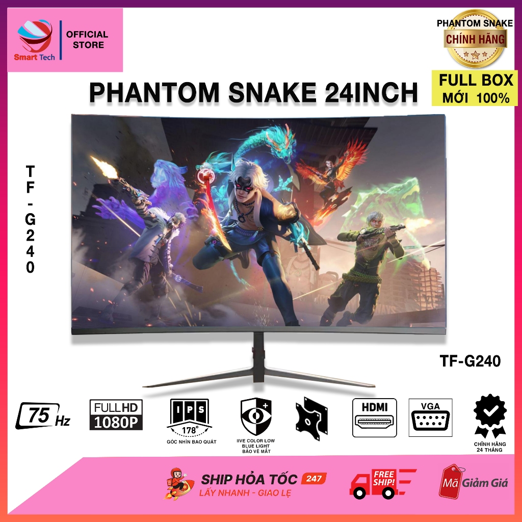 Màn hình máy tính PC Phantom snake tấm nền IPS 24inch 75Hz mới fullbox thiết kế tràn viền