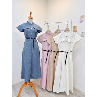 [Hình thật] Đầm sơ mi maxi túi nắp tay ngắn kèm belt