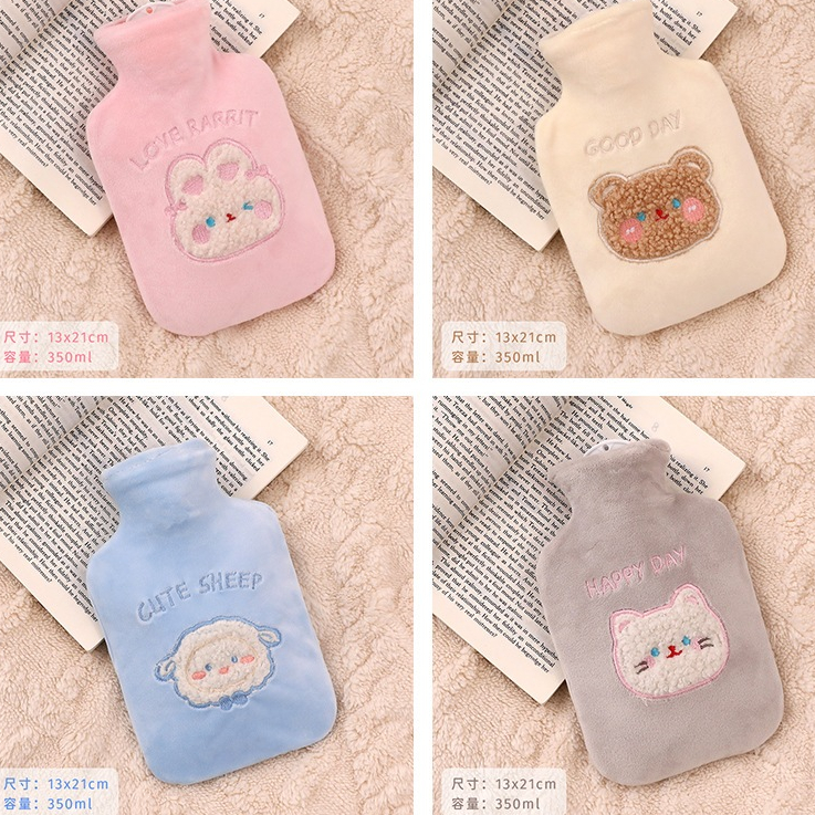 Túi Chườm Cao Su 350ML Bọc Vải Bông Mịn Gắn Thú Bông Nổi Dễ Thương