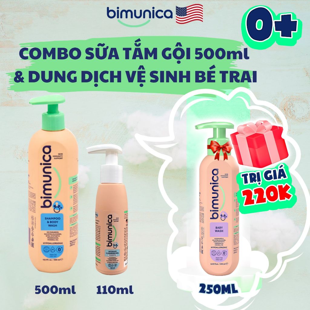Combo Tắm Gội Dung Dịch Vệ Sinh Bé Trai Cao Cấp BIMUNICA Từ 0 Tháng Tuổi