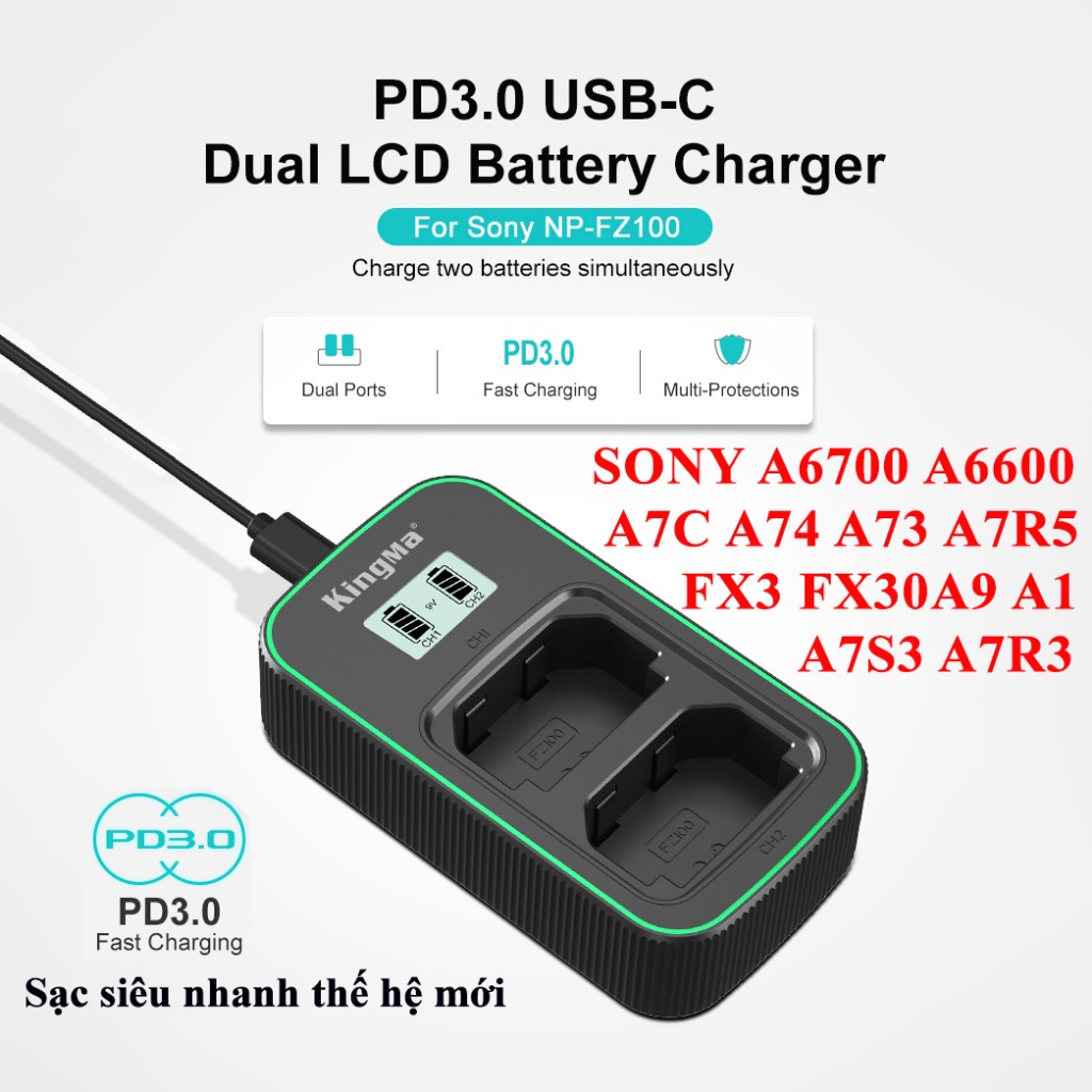 Bộ 2 pin 1 sạc đôi Kingma Sony FZ100 NP-FZ100 Sony Alpha FX3 FX30 A7C A6700 A6600 A74 A73 A7R5 A7S3 A7R4 A9ii A1 A7S4 e1