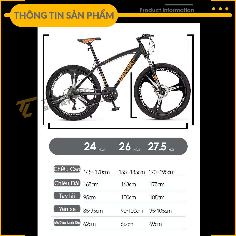 Xe đạp thể thao ngoài trời LAUX JACK Có Giảm Sốc, Kèm Chắn Bùn, Còi, Đèn Phản Quang, Bánh 26inch, 21 Tốc Độ - TL Sport