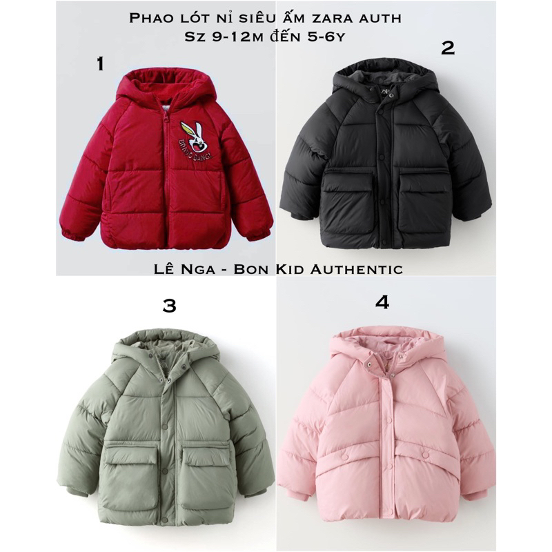 Áo phao .ZARA. lót nỉ ấm sz 12-18m, 18-24m, 2-3y, 3-4y, 4-5y, 5-6y