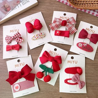 Set nơ kẹp tóc vintage màu đỏ/hồng cho bé phong cách Hàn Quốc siêu dễ thương phụ kiện tóc Năm Mới 2024