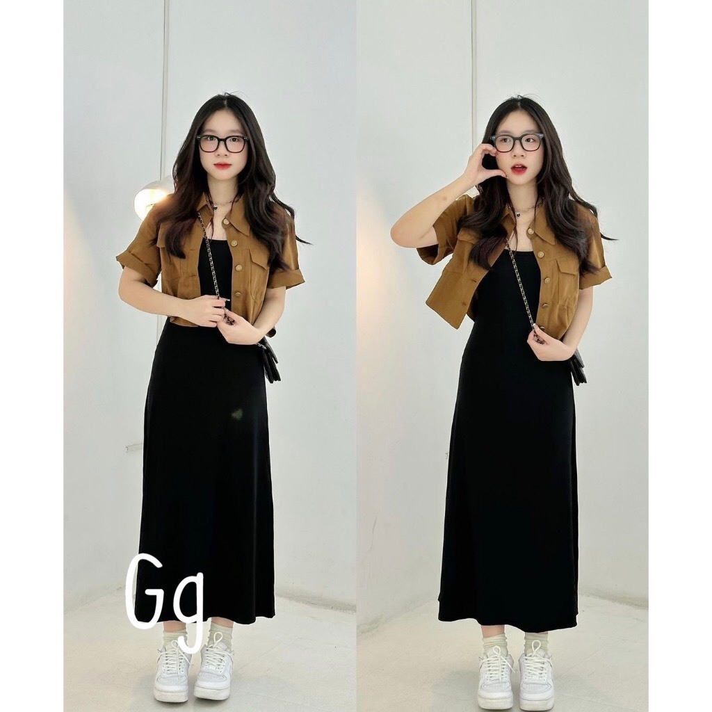 {SALE12.12} SET 2 MÓN NỮ ÁO KHOÁC KAKI CÀI NÚT KÈM VÁY 2 DÂY DÀI