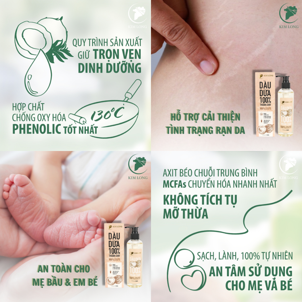 250ml - Dầu Dừa Kim Long nguyên chất 100% - Thuần chay - Hỗ trợ dưỡng da, dưỡng tóc, dưỡng môi, ngừa rạn da