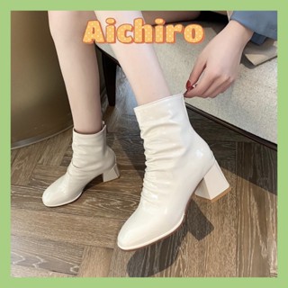  Bốt nữ cổ cao gót 7p bản cao cấp,Bốt nhăn da bóng lót lông thời trang Hàn Quốc sang chảnh 