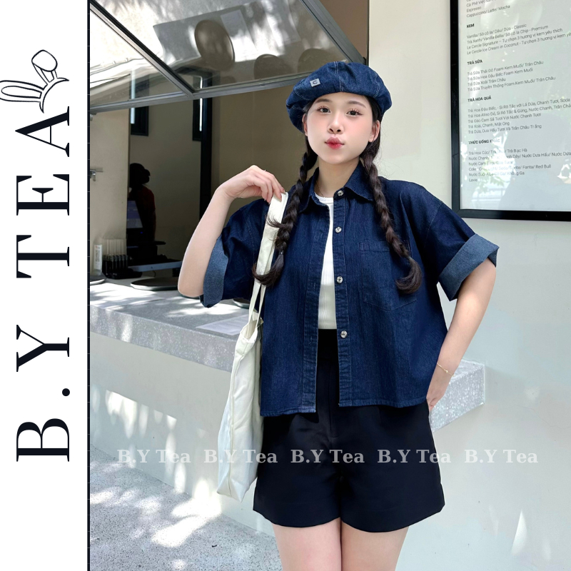 Áo sơ mi croptop tay ngắn chất jean denim oversize Thời Trang B.Y Tea Clothing