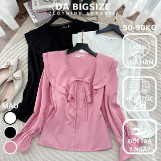 DA BIGSIZE - Áo Kiểu Nữ Bigsize , Áo Sơ Mi Tay Dài Cổ Tim Nơ Ngực Chất Lụa Hàn Mềm Mát Dành Cho Người Mập 50-90kg