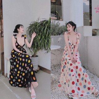  Đầm maxi đi biển váy dạo biển chấm bi xòe có ảnh thật shop chụp có mút ngực