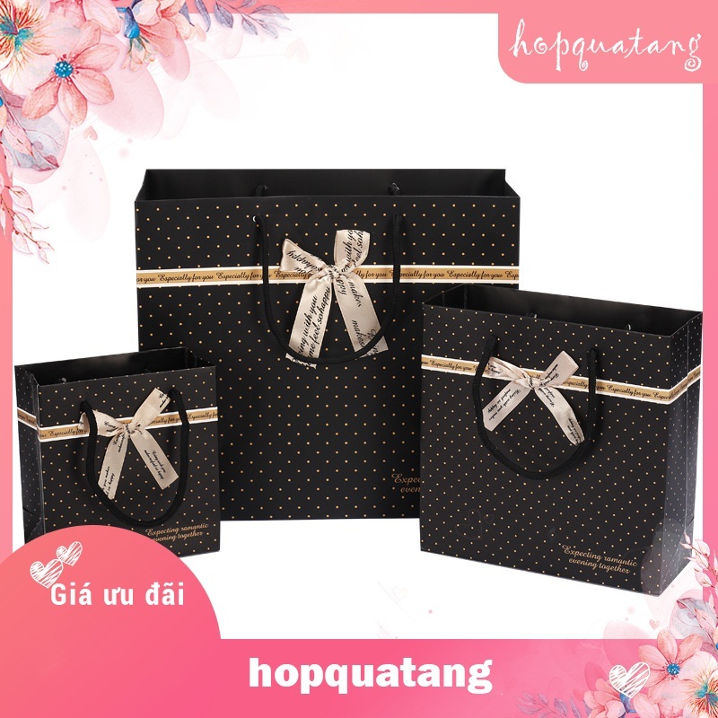 Túi Giấy Cứng Túi Đựng Quà Túi Quà Tặng Chấm Bi Đen Thắt Nơ Sang Trọng T11